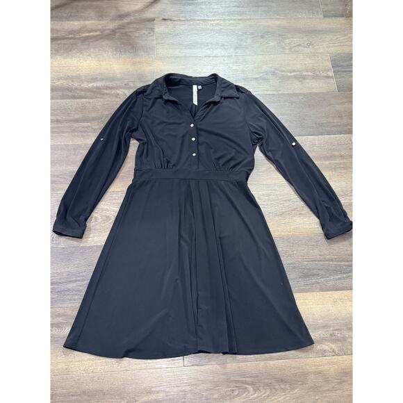 NY Collection Black Dress Knee Length Collar Buttons 3/4 Sleeve Size Medium - Picture 1 of 6